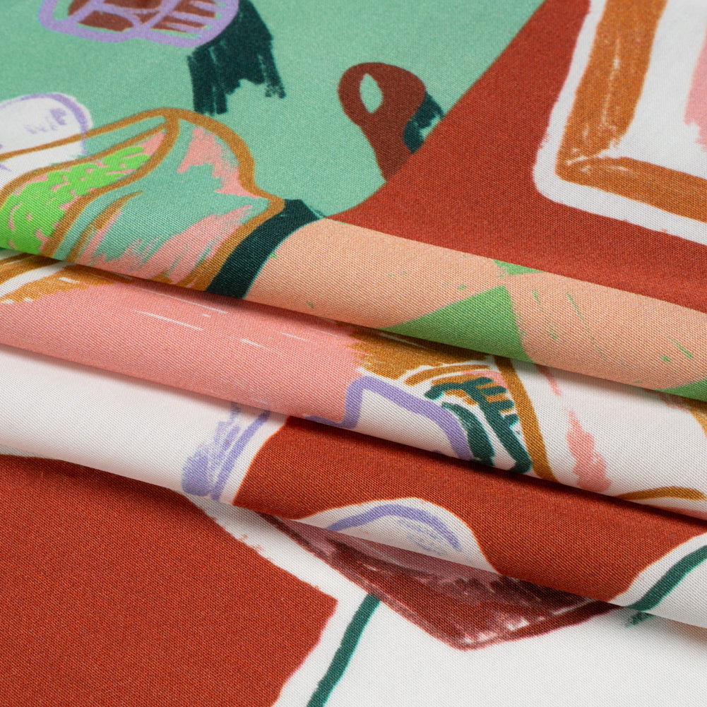 Sustainable and Recycled Viscose Satin Print - Green, Orange and Red Simple Scenes Patchwork - Mood Exclusive Perk Up