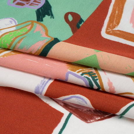 Sustainable and Recycled Viscose Satin Print - Green, Orange and Red Simple Scenes Patchwork - Mood Exclusive Perk Up