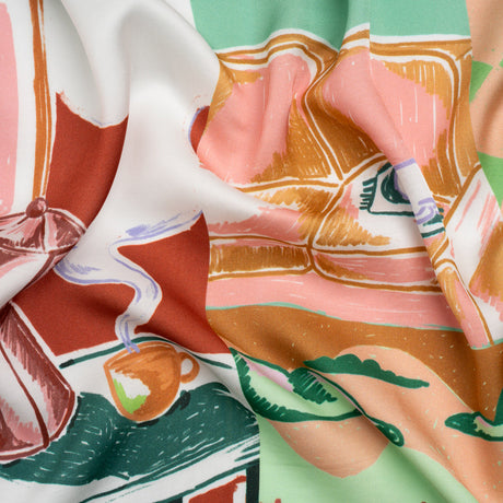 Sustainable and Recycled Viscose Satin Print - Green, Orange and Red Simple Scenes Patchwork - Mood Exclusive Perk Up