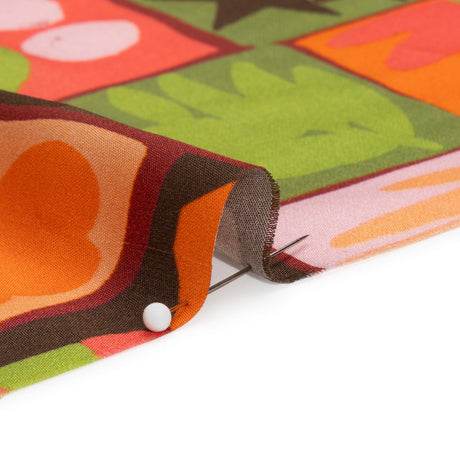 Sustainable and Recycled Viscose Satin Print - Orange, Green and Coral Simple Symbols Patchwork - Mood Exclusive Come Together