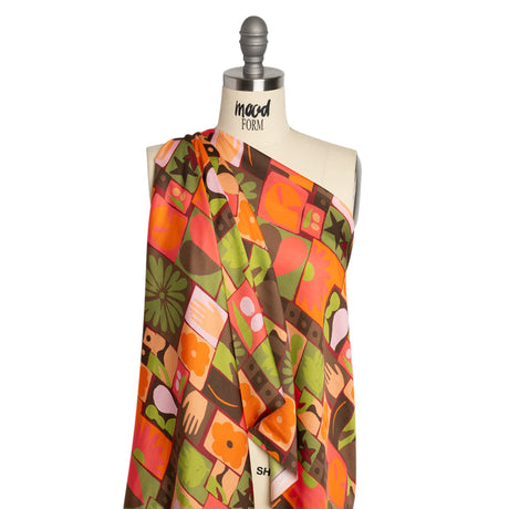Sustainable and Recycled Viscose Satin Print - Orange, Green and Coral Simple Symbols Patchwork - Mood Exclusive Come Together