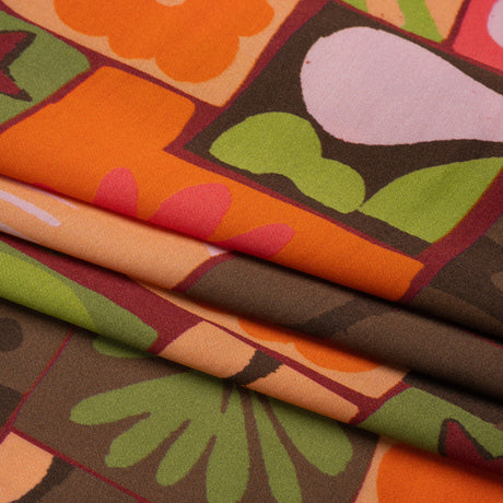 Sustainable and Recycled Viscose Satin Print - Orange, Green and Coral Simple Symbols Patchwork - Mood Exclusive Come Together