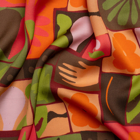 Sustainable and Recycled Viscose Satin Print - Orange, Green and Coral Simple Symbols Patchwork - Mood Exclusive Come Together