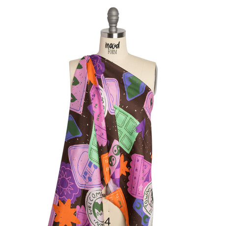 Sustainable and Recycled Viscose Satin Print - Purple, Mint and Blue Scrapbook Collage - Mood Exclusive Penpal Persona