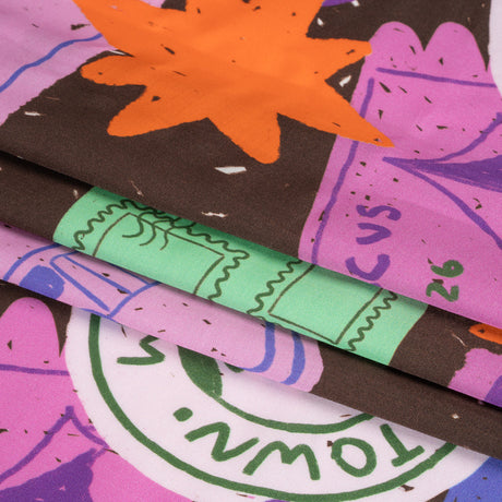 Sustainable and Recycled Viscose Satin Print - Purple, Mint and Blue Scrapbook Collage - Mood Exclusive Penpal Persona