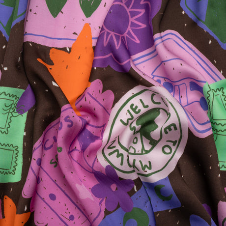 Sustainable and Recycled Viscose Satin Print - Purple, Mint and Blue Scrapbook Collage - Mood Exclusive Penpal Persona