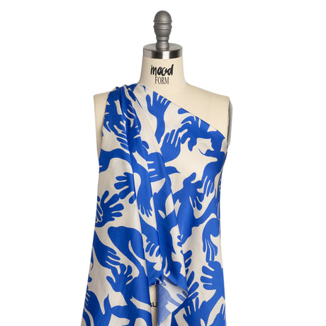 Sustainable and Recycled Viscose Satin Print - Blue and White Hands - Mood Exclusive Helping Hands