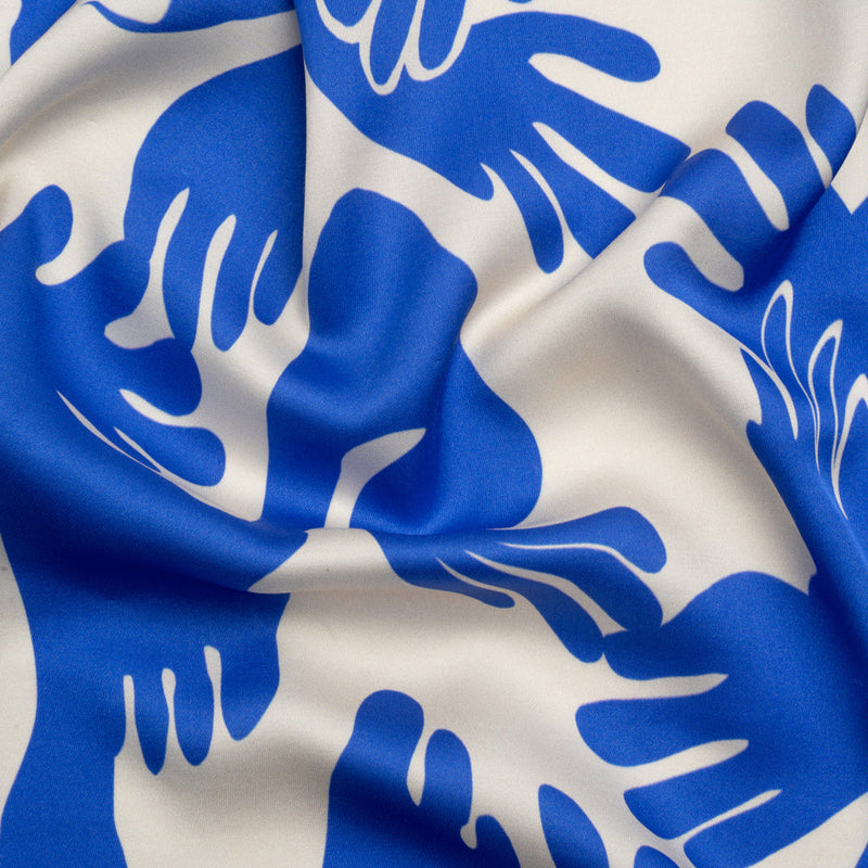 Sustainable and Recycled Viscose Satin Print - Blue and White Hands - Mood Exclusive Helping Hands