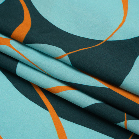 Sustainable and Recycled Viscose Satin Print - Turquoise and Orange Swirling Abstract - Mood Exclusive Atmospheric Adventure