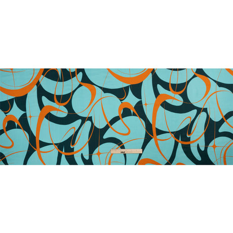 Sustainable and Recycled Viscose Satin Print - Turquoise and Orange Swirling Abstract - Mood Exclusive Atmospheric Adventure