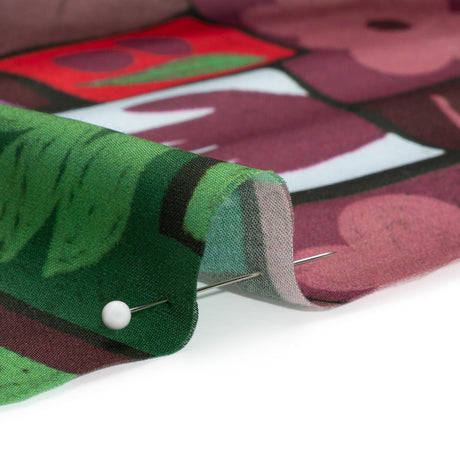 Sustainable and Recycled Viscose Satin Print - Purple, Green and Red Simple Symbols Patchwork - Mood Exclusive Come Together