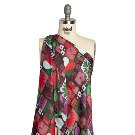 Sustainable and Recycled Viscose Satin Print - Purple, Green and Red Simple Symbols Patchwork - Mood Exclusive Come Together