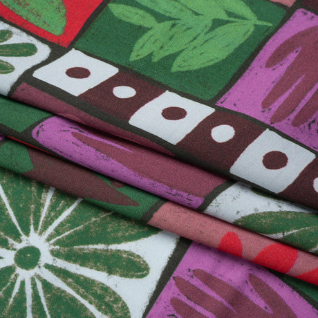 Sustainable and Recycled Viscose Satin Print - Purple, Green and Red Simple Symbols Patchwork - Mood Exclusive Come Together