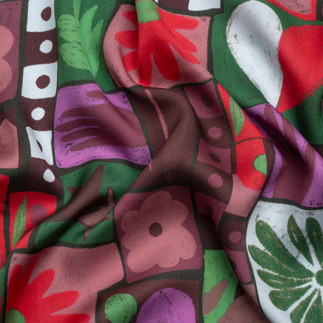 Sustainable and Recycled Viscose Satin Print - Purple, Green and Red Simple Symbols Patchwork - Mood Exclusive Come Together