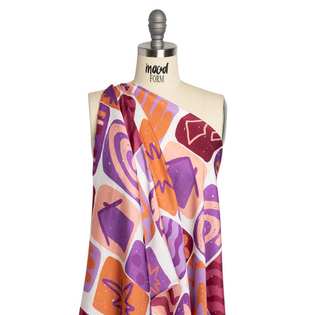 Sustainable and Recycled Viscose Satin Print - Purple and Orange Doodle Patches - Mood Exclusive Place in Space