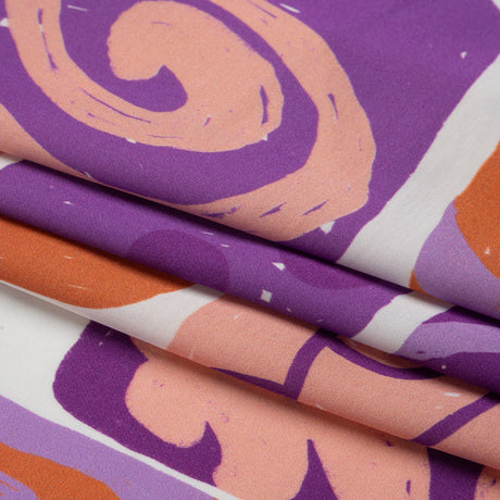 Sustainable and Recycled Viscose Satin Print - Purple and Orange Doodle Patches - Mood Exclusive Place in Space