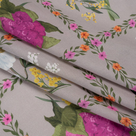 Cotton Voile Print - Beige, Yellow and Purple Floral and Vegetable Grid - Mood Exclusive Sunday with Nonna