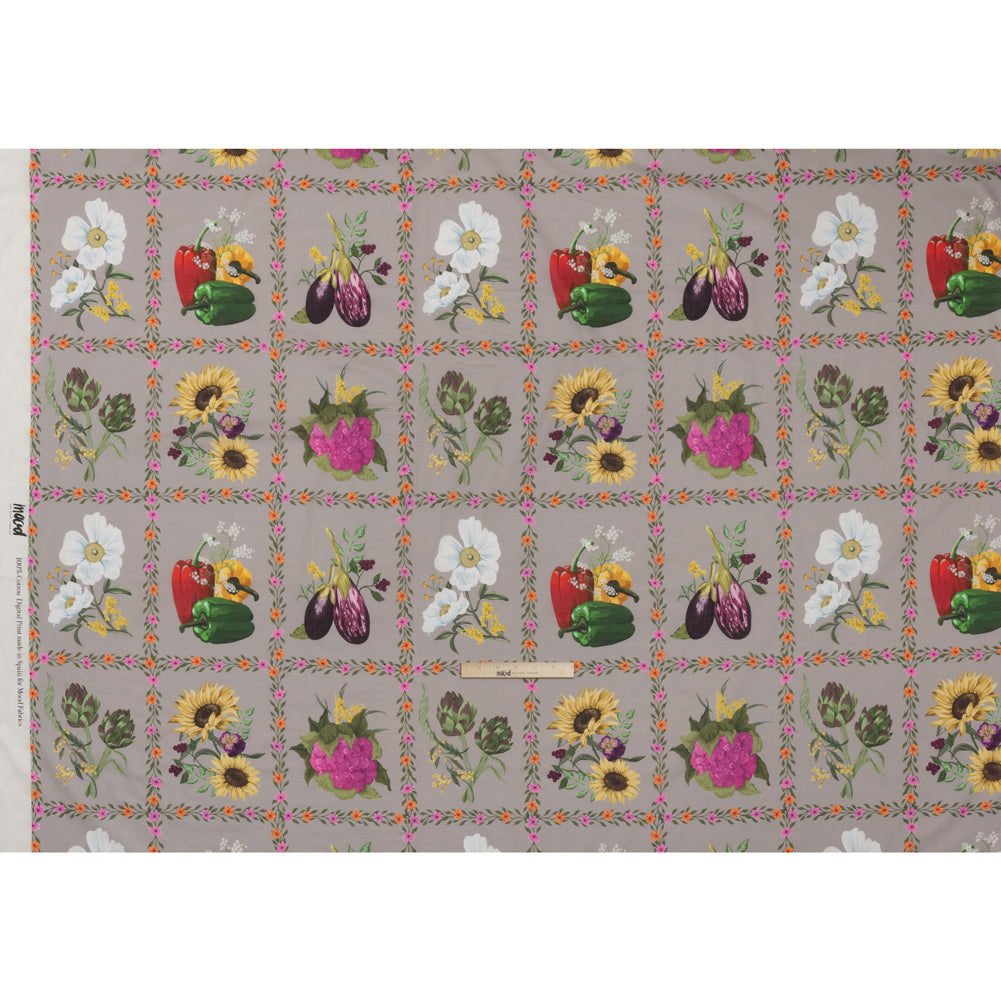 Cotton Voile Print - Beige, Yellow and Purple Floral and Vegetable Grid - Mood Exclusive Sunday with Nonna