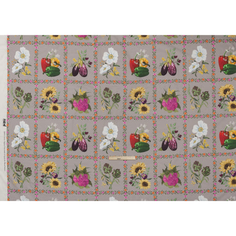 Cotton Voile Print - Beige, Yellow and Purple Floral and Vegetable Grid - Mood Exclusive Sunday with Nonna