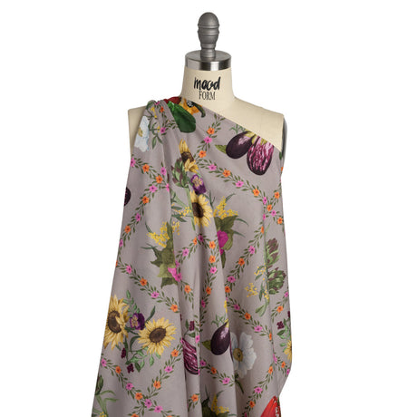 Cotton Voile Print - Beige, Yellow and Purple Floral and Vegetable Grid - Mood Exclusive Sunday with Nonna