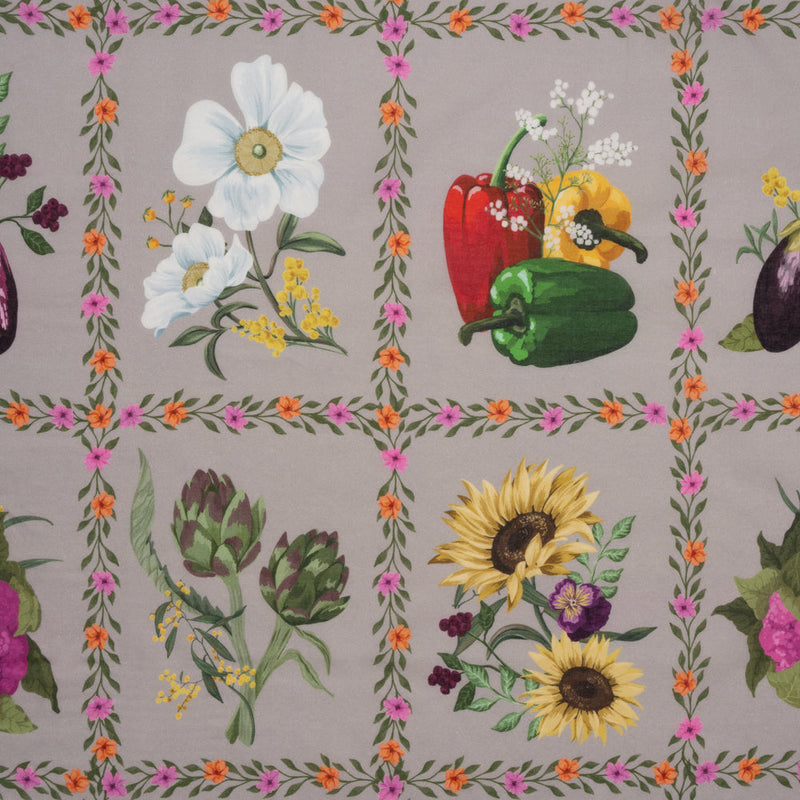 Cotton Voile Print - Beige, Yellow and Purple Floral and Vegetable Grid - Mood Exclusive Sunday with Nonna