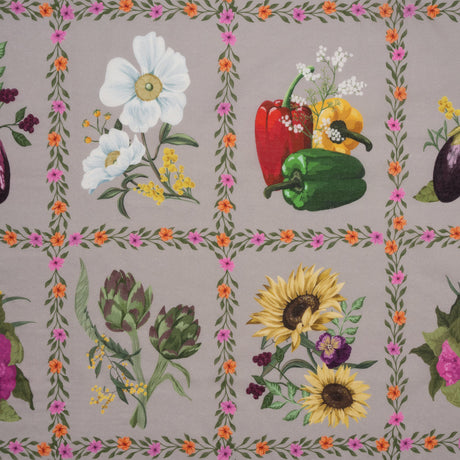 Cotton Voile Print - Beige, Yellow and Purple Floral and Vegetable Grid - Mood Exclusive Sunday with Nonna