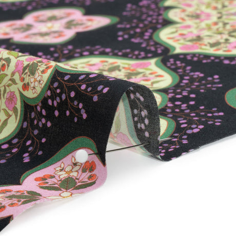 Cotton Voile Print - Black, Pink and Green Floral Tiles - Mood Exclusive Rosalind and Celia