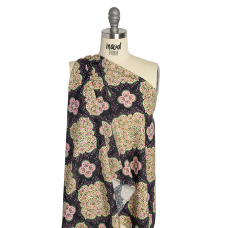 Cotton Voile Print - Black, Pink and Green Floral Tiles - Mood Exclusive Rosalind and Celia