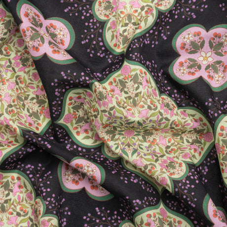 Cotton Voile Print - Black, Pink and Green Floral Tiles - Mood Exclusive Rosalind and Celia