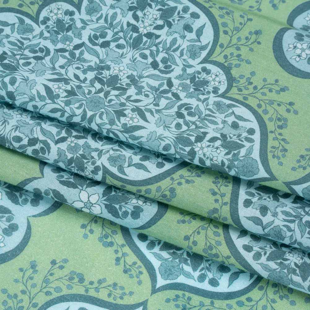 Cotton Voile Print - Green and Blue Floral Tiles - Mood Exclusive Rosalind and Celia