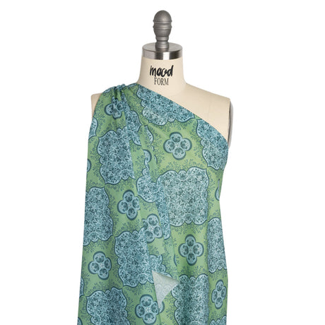 Cotton Voile Print - Green and Blue Floral Tiles - Mood Exclusive Rosalind and Celia