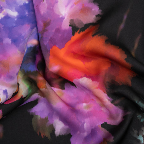 Sustainable and Recycled Viscose Satin Print - Purple, Red and Black Abstract Floral - Mood Exclusive Forest of Colors