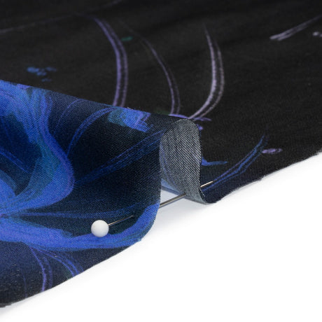 Sustainable and Recycled Viscose Satin Print - Blue and Black Glowing Florals - Mood Exclusive Marine Magic