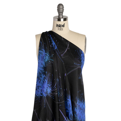 Sustainable and Recycled Viscose Satin Print - Blue and Black Glowing Florals - Mood Exclusive Marine Magic