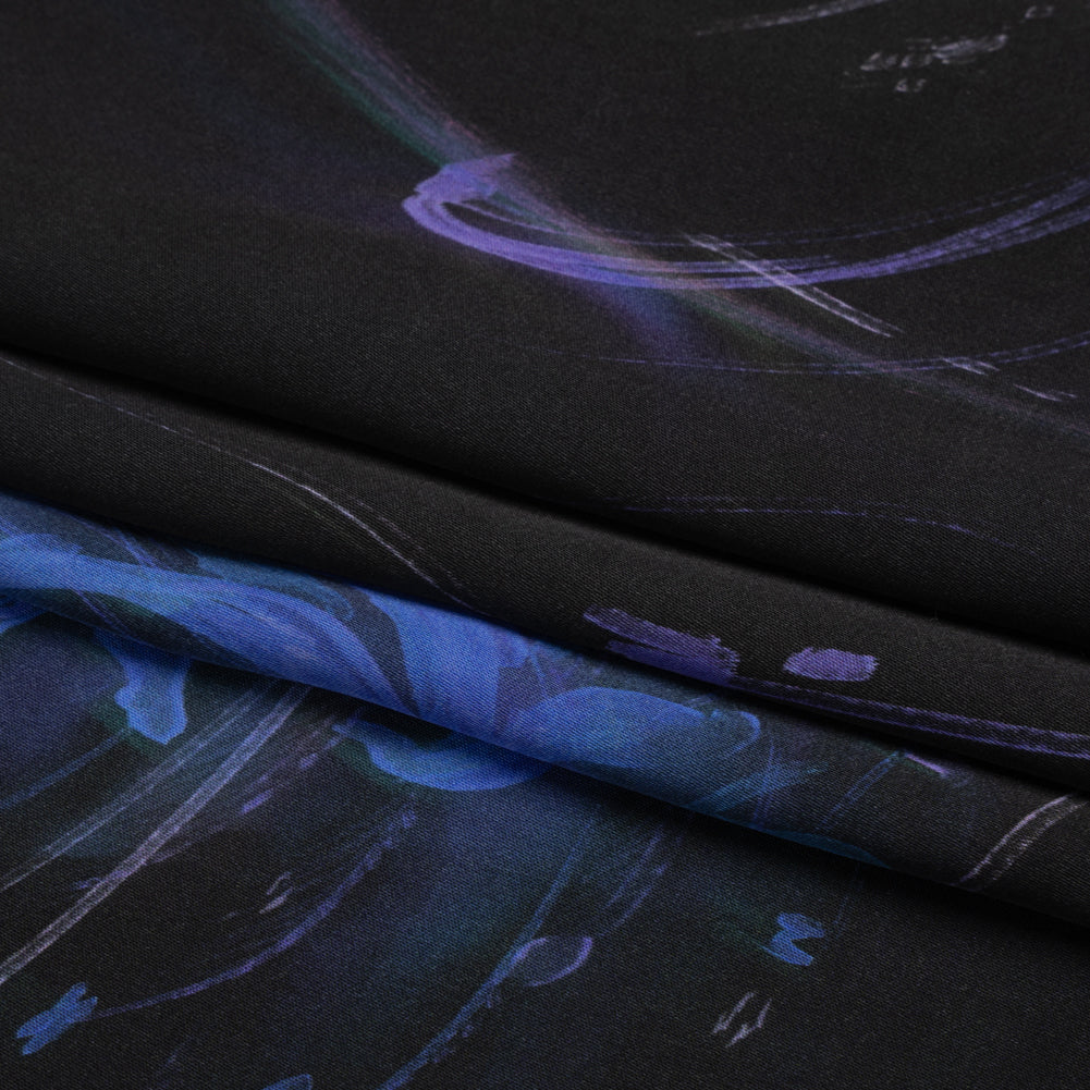 Sustainable and Recycled Viscose Satin Print - Blue and Black Glowing Florals - Mood Exclusive Marine Magic