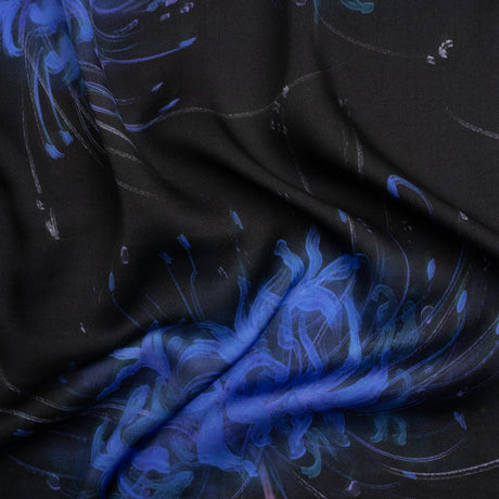 Sustainable and Recycled Viscose Satin Print - Blue and Black Glowing Florals - Mood Exclusive Marine Magic