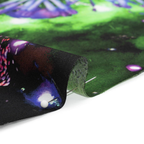 Sustainable and Recycled Viscose Satin Print - Purple, Black and Green Fireworks and Flowers - Mood Exclusive Mirrored in Nature