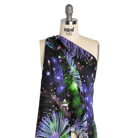 Sustainable and Recycled Viscose Satin Print - Purple, Black and Green Fireworks and Flowers - Mood Exclusive Mirrored in Nature