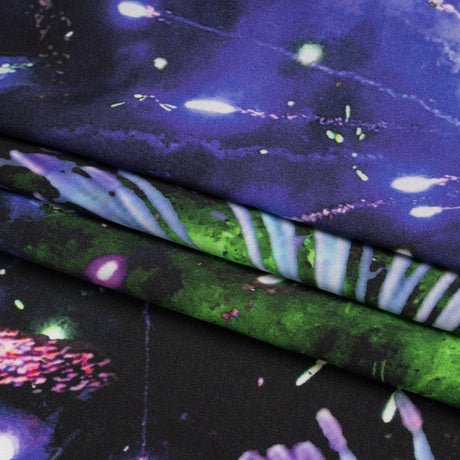 Sustainable and Recycled Viscose Satin Print - Purple, Black and Green Fireworks and Flowers - Mood Exclusive Mirrored in Nature
