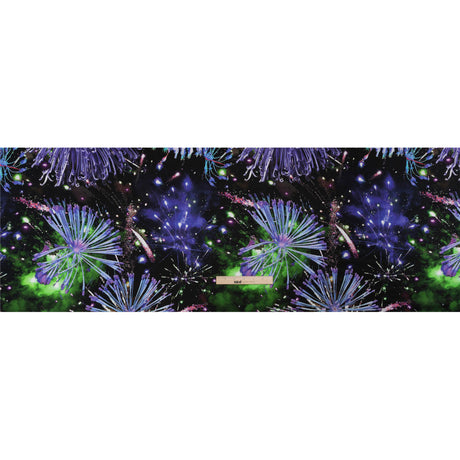 Sustainable and Recycled Viscose Satin Print - Purple, Black and Green Fireworks and Flowers - Mood Exclusive Mirrored in Nature