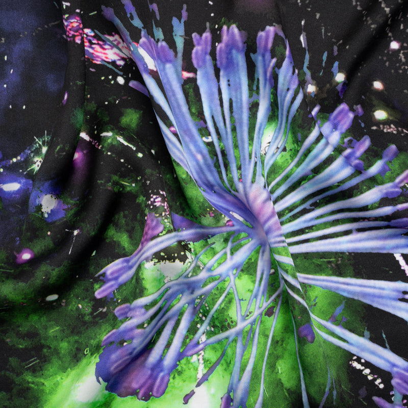 Sustainable and Recycled Viscose Satin Print - Purple, Black and Green Fireworks and Flowers - Mood Exclusive Mirrored in Nature