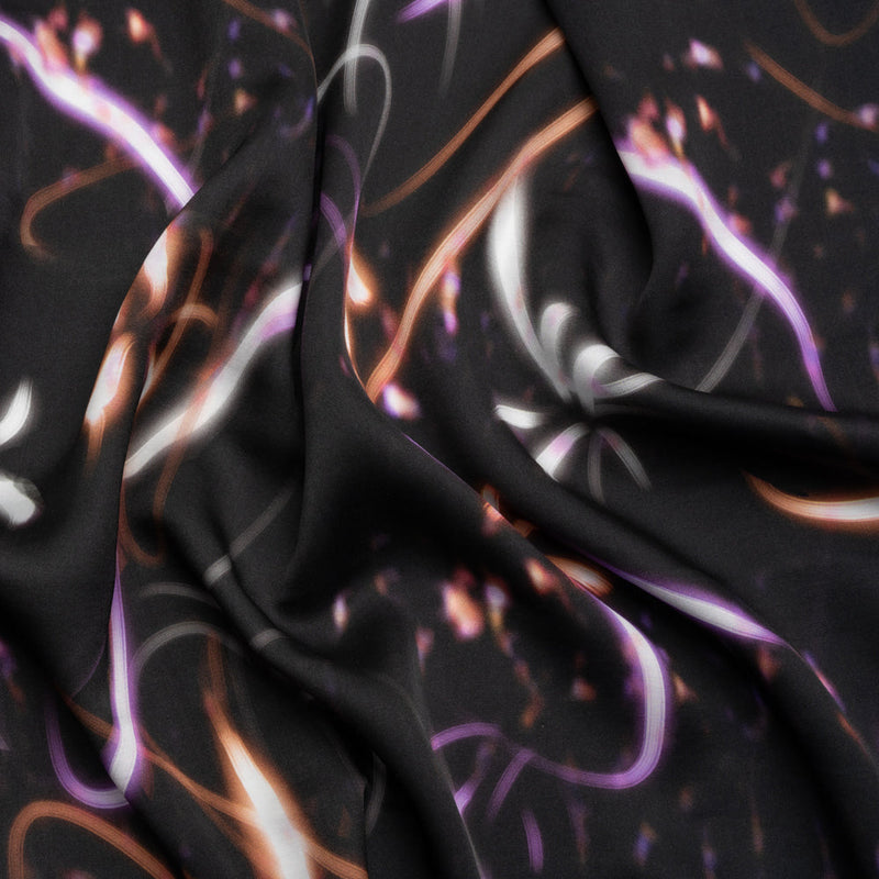 Sustainable and Recycled Viscose Satin Print - Orange and Purple Light Streaks - Mood Exclusive Shutter Speed Racer