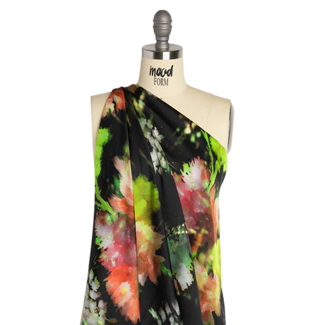 Sustainable and Recycled Viscose Satin Print - Lime Green, Red and Black Abstract Floral - Mood Exclusive Forest of Colors