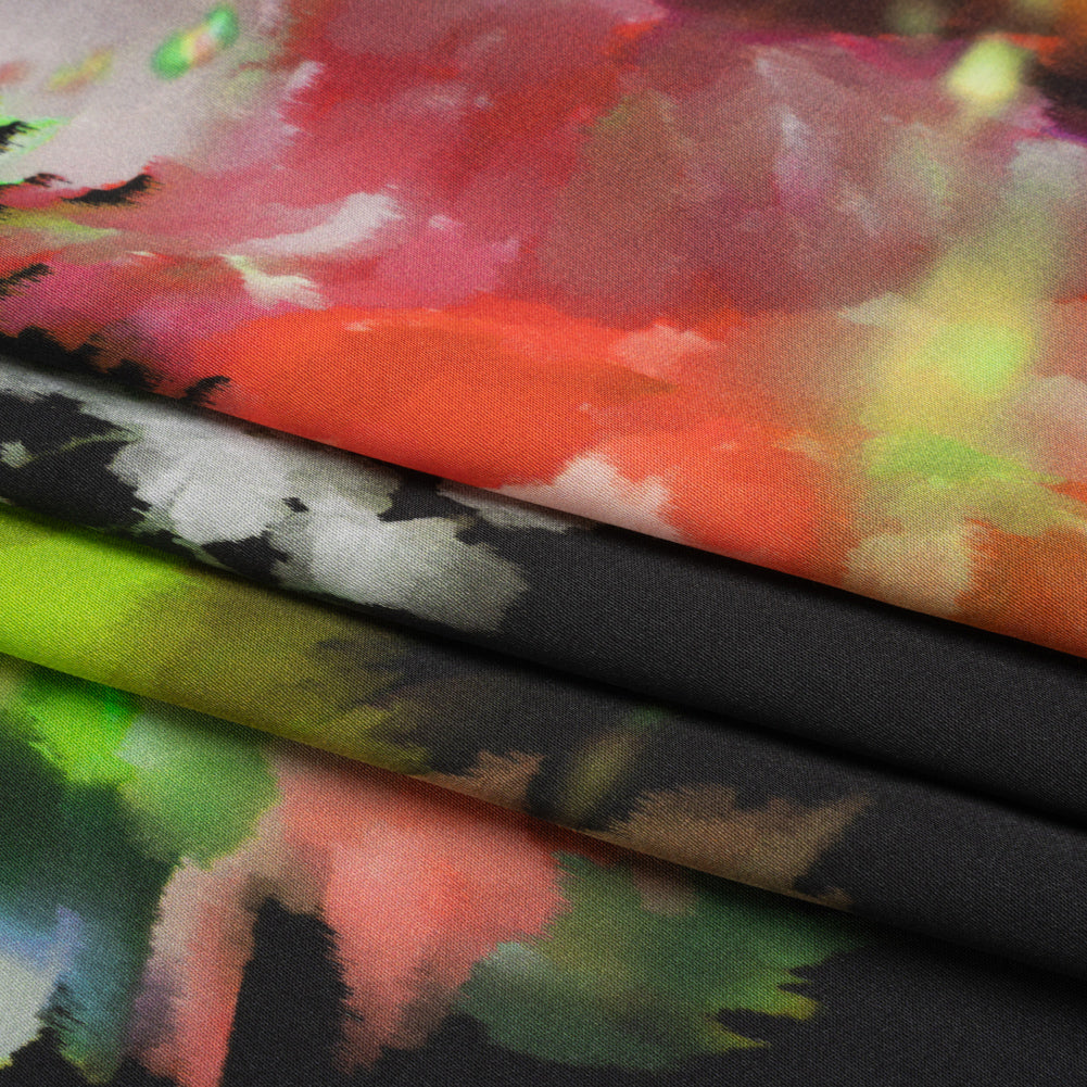 Sustainable and Recycled Viscose Satin Print - Lime Green, Red and Black Abstract Floral - Mood Exclusive Forest of Colors