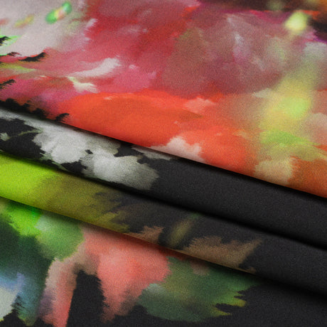 Sustainable and Recycled Viscose Satin Print - Lime Green, Red and Black Abstract Floral - Mood Exclusive Forest of Colors