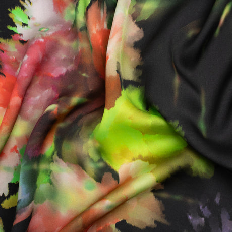 Sustainable and Recycled Viscose Satin Print - Lime Green, Red and Black Abstract Floral - Mood Exclusive Forest of Colors