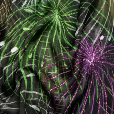 Sustainable and Recycled Viscose Satin Print - Green, Purple and Yellow Fireworks - Mood Exclusive Twilight's Last Gleaming