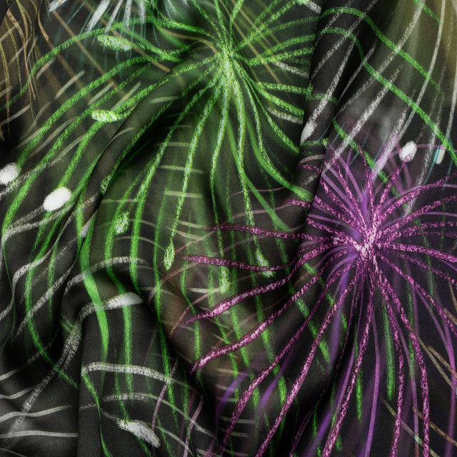 Sustainable and Recycled Viscose Satin Print - Green, Purple and Yellow Fireworks - Mood Exclusive Twilight's Last Gleaming