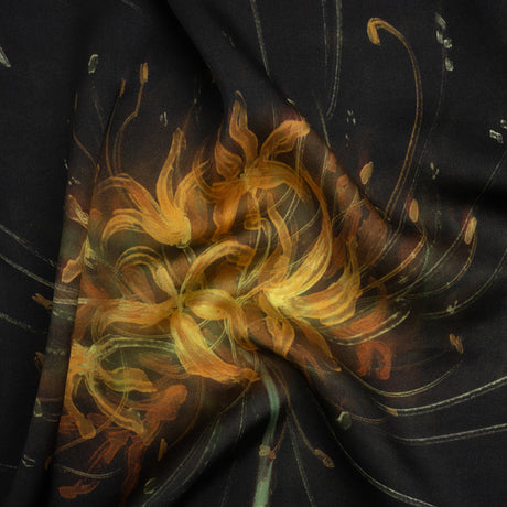 Sustainable and Recycled Viscose Satin Print - Golden Yellow and Black Glowing Florals - Mood Exclusive Marine Magic