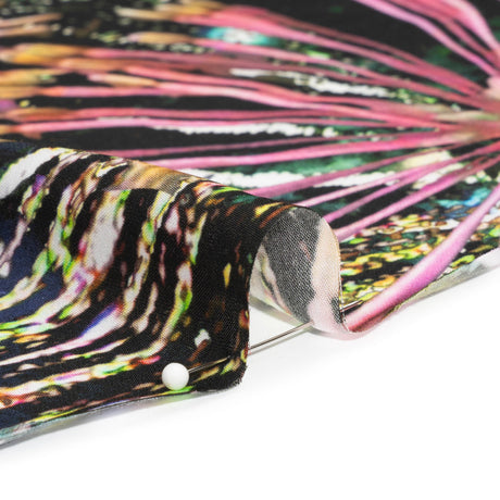 Sustainable and Recycled Viscose Satin Print - Pink, Orange and Black Fireworks and Flowers - Mood Exclusive Mirrored in Nature